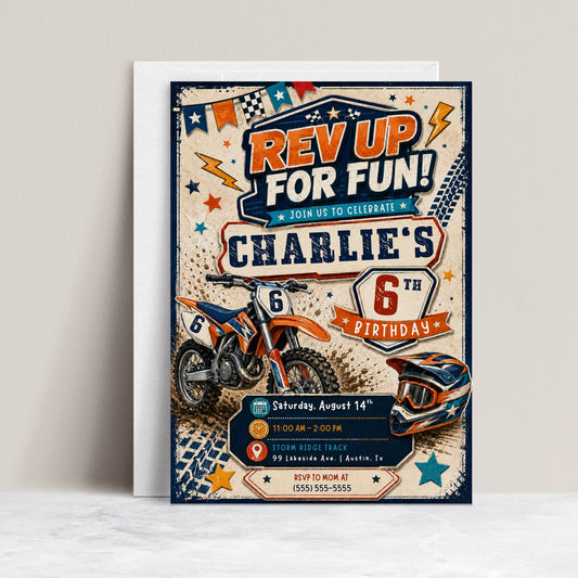 Dirt bike birthday invitation with orange motorcycle, racing helmet, checkered flags, tire tracks, stars, and bold motocross party details