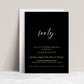 Elegant black and gold 40th birthday invitation template with gold calligraphy script on black background, editable in Canva
