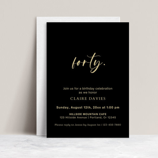 Elegant black and gold 40th birthday invitation template with gold calligraphy script on black background, editable in Canva