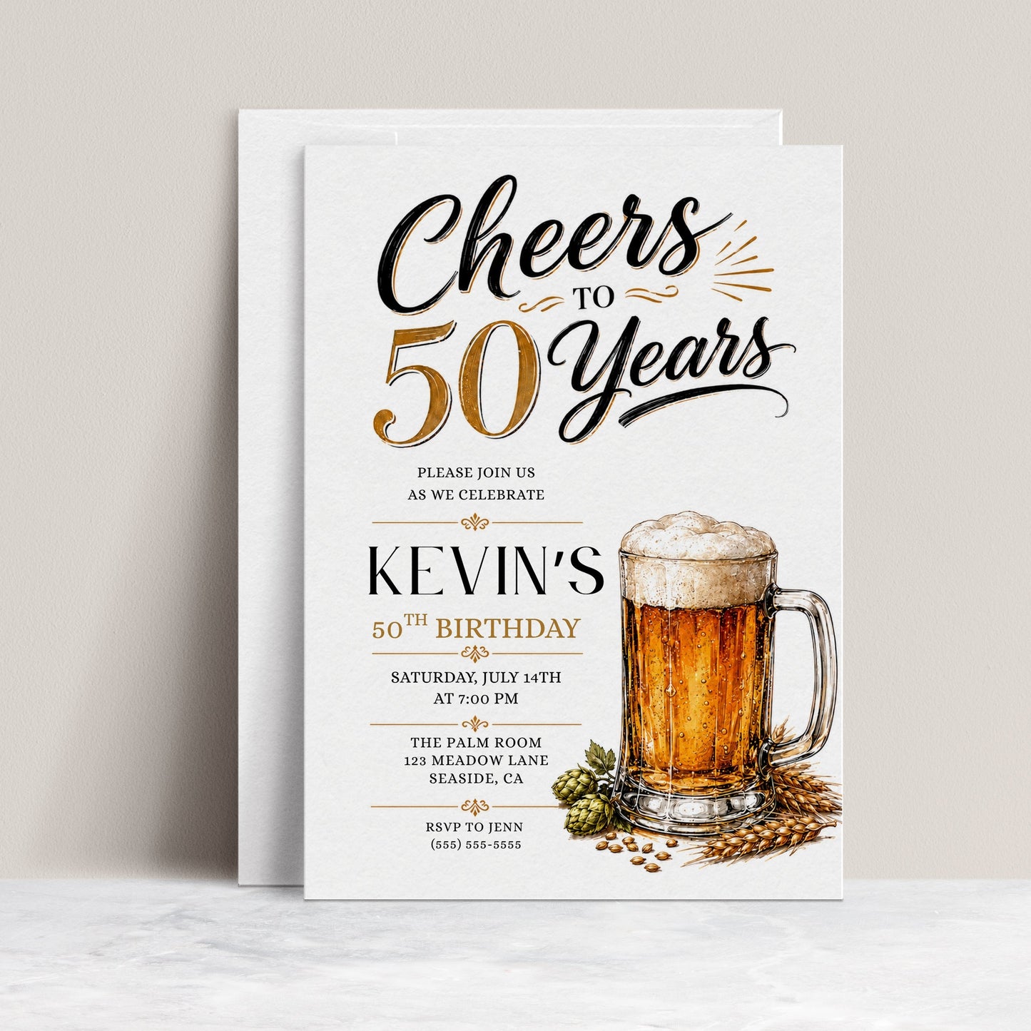 Beer 50th birthday invitation with frothy beer mug, hops, wheat, black and gold lettering, clean white background, and masculine milestone party details