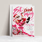 Christmas cocktail party invitation with Santa wearing sunglasses in a giant pink martini glass, disco ball ornaments, pink bows, and Eat Drink and Be Merry lettering