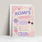 Girls retro birthday invitation in pink, purple and mint featuring a smiley face, sunglasses, checkerboard patterns, stars, lightning bolts and a popsicle.