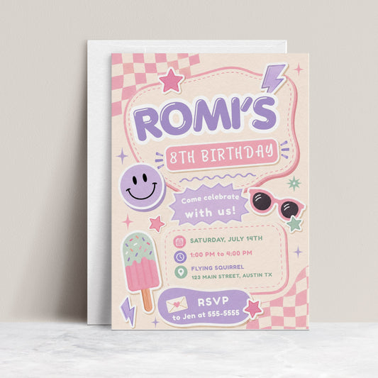 Girls retro birthday invitation in pink, purple and mint featuring a smiley face, sunglasses, checkerboard patterns, stars, lightning bolts and a popsicle.