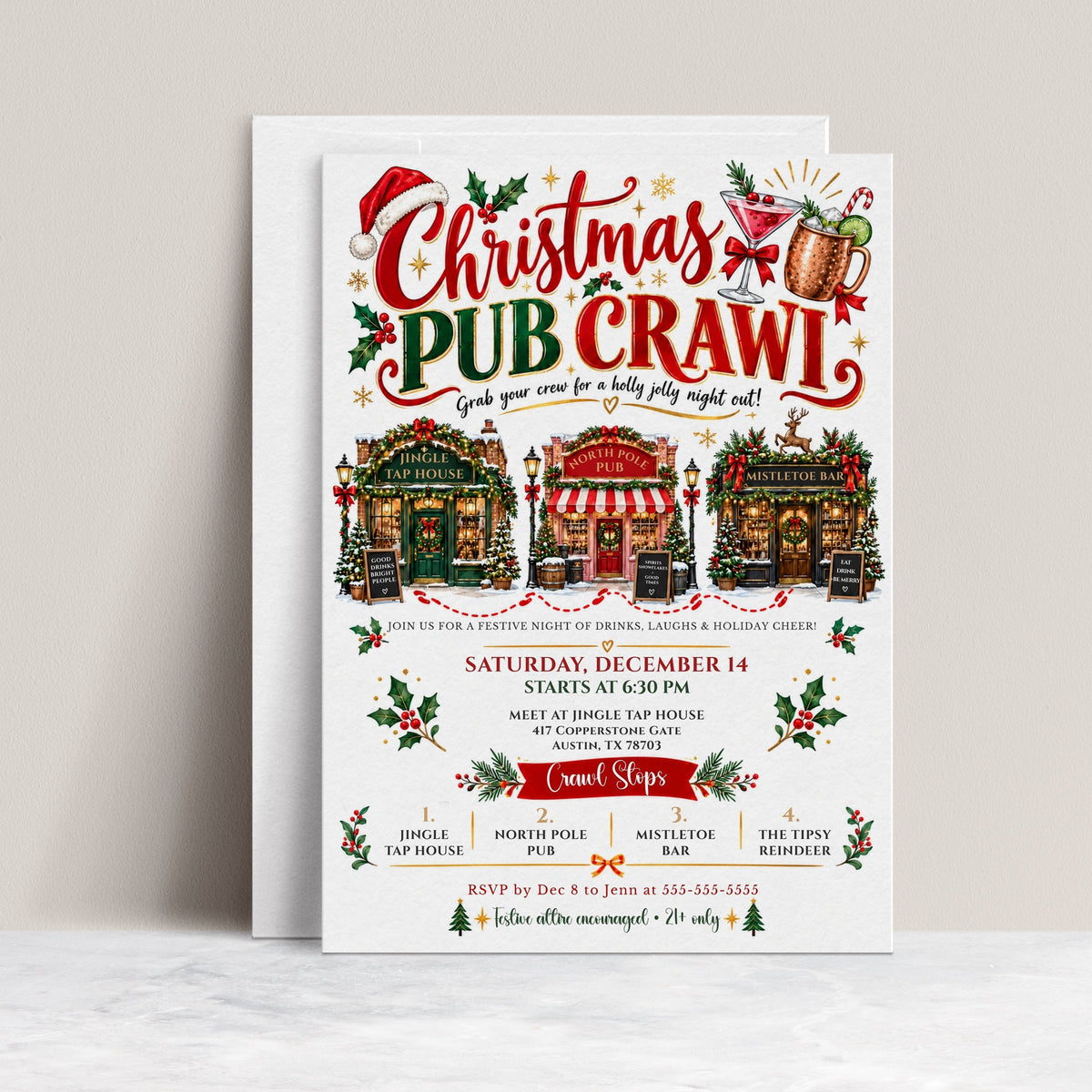 Christmas pub crawl invitation with three decorated holiday pubs, festive cocktails, Christmas greenery and red and green lettering