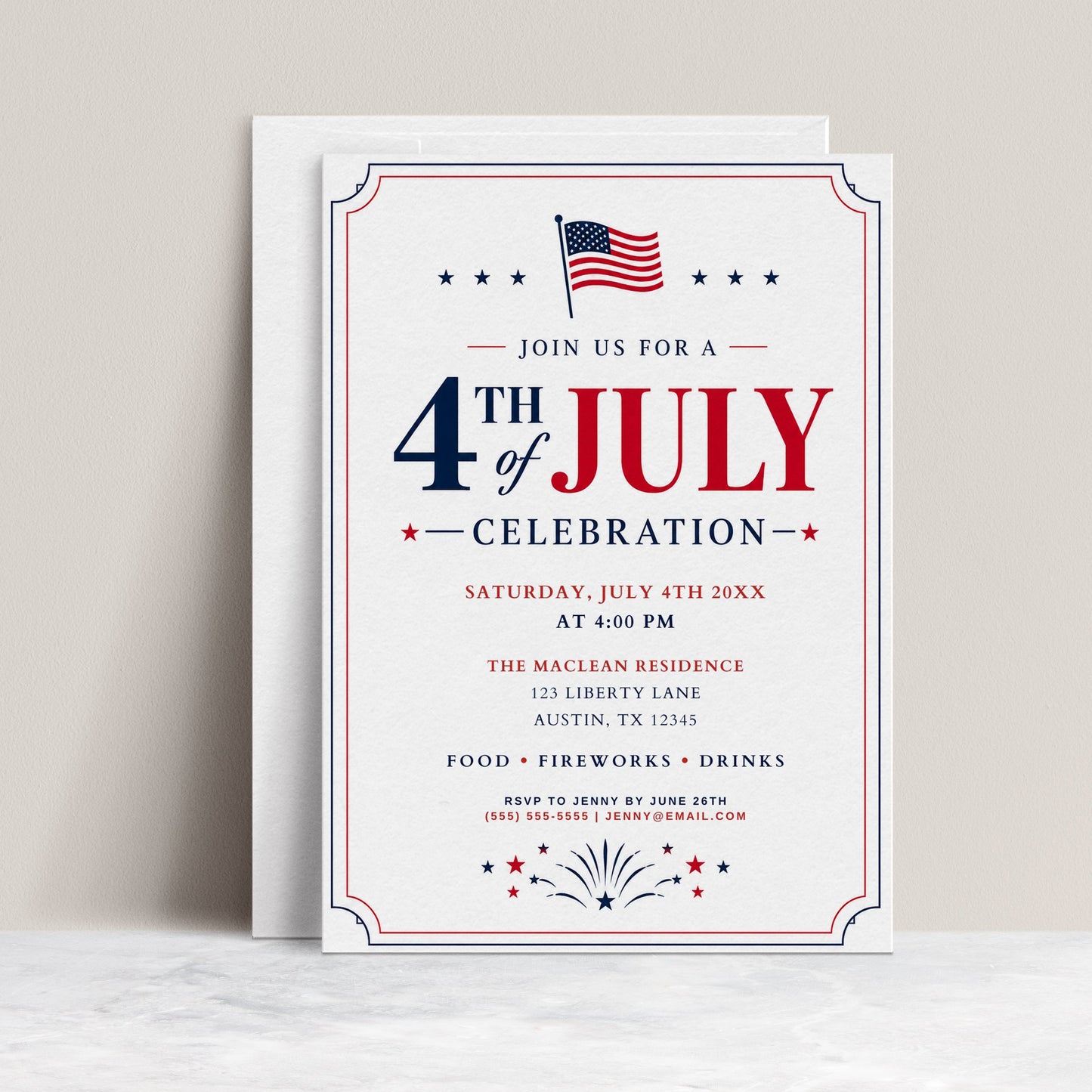 Editable 4th of July celebration invitation Canva template with waving American flag, bold red and navy display lettering, star accents, firework burst, and double border frame on a white background