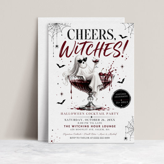 Cheers Witches Halloween party invitation with glamorous ghost in coupe glass, dark red cocktail, cherries, bats, spiderwebs, and adult Halloween party details