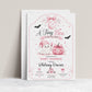 Tiny Boo baby shower invitation with cute ghost, pink pumpkin, crescent moon, bows, bats, stars, and pink Halloween baby girl shower details