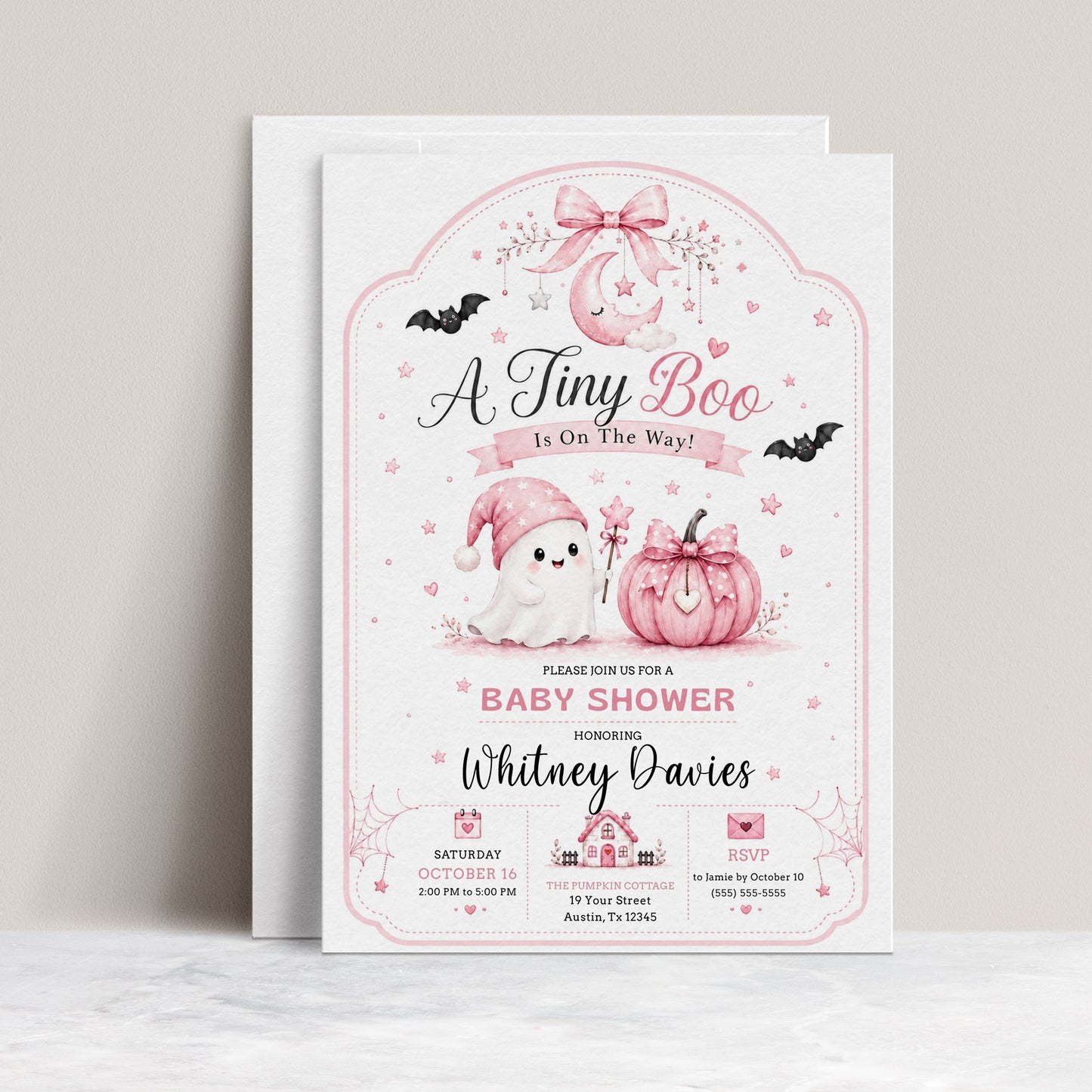 Tiny Boo baby shower invitation with cute ghost, pink pumpkin, crescent moon, bows, bats, stars, and pink Halloween baby girl shower details