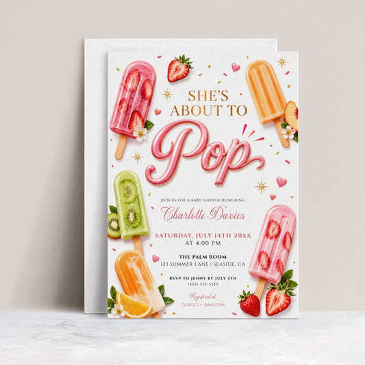 Popsicle baby shower invitation with fruit ice pops and strawberries in pink, green, and orange