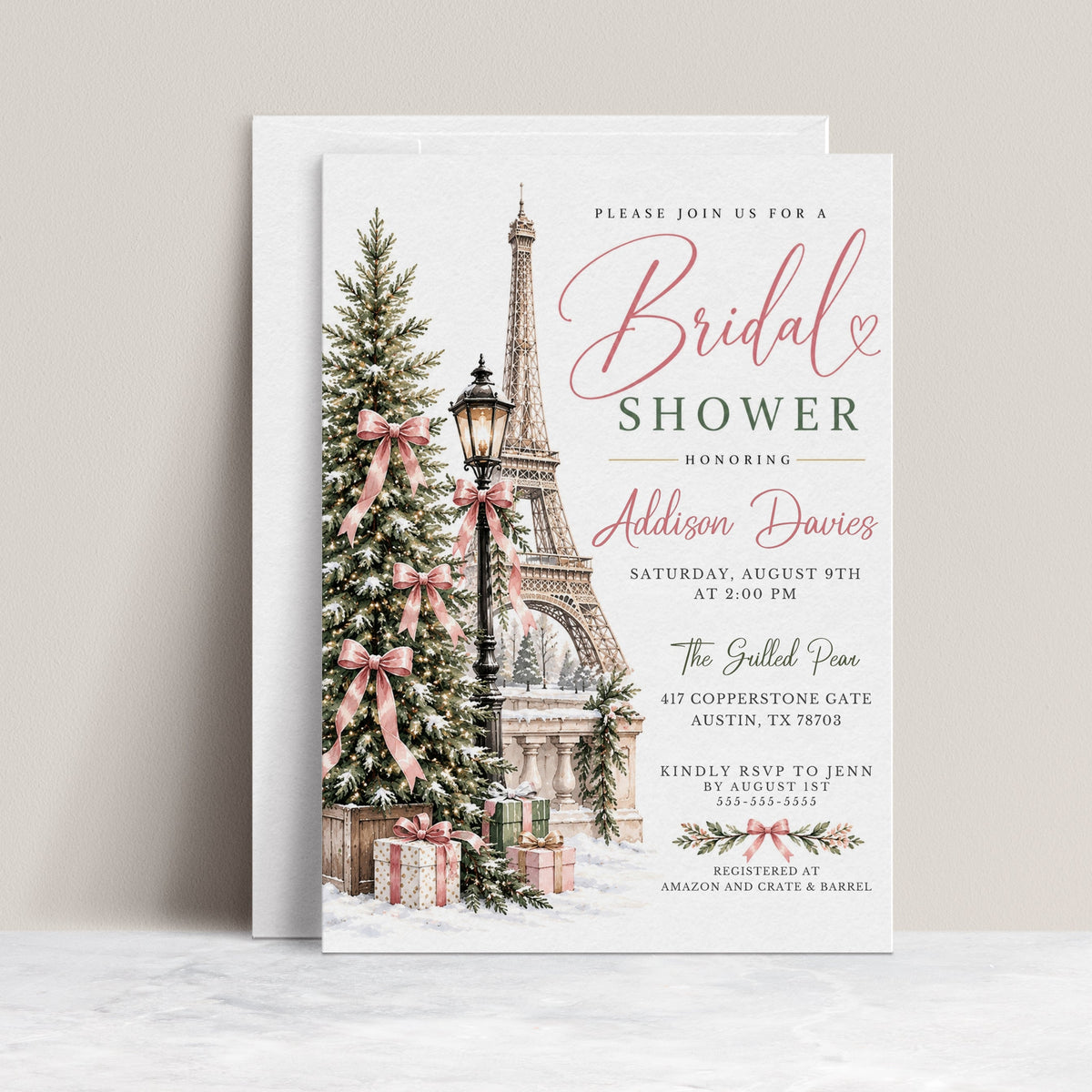 Winter Paris bridal shower invitation with the Eiffel Tower, snow-covered Christmas tree, pink satin bows, vintage streetlamp and wrapped gifts