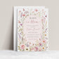 Editable baby in bloom wildflower baby shower invitation Canva template with watercolour roses, cosmos, lavender, and butterfly details framing a blush arch, shown with front and back of card