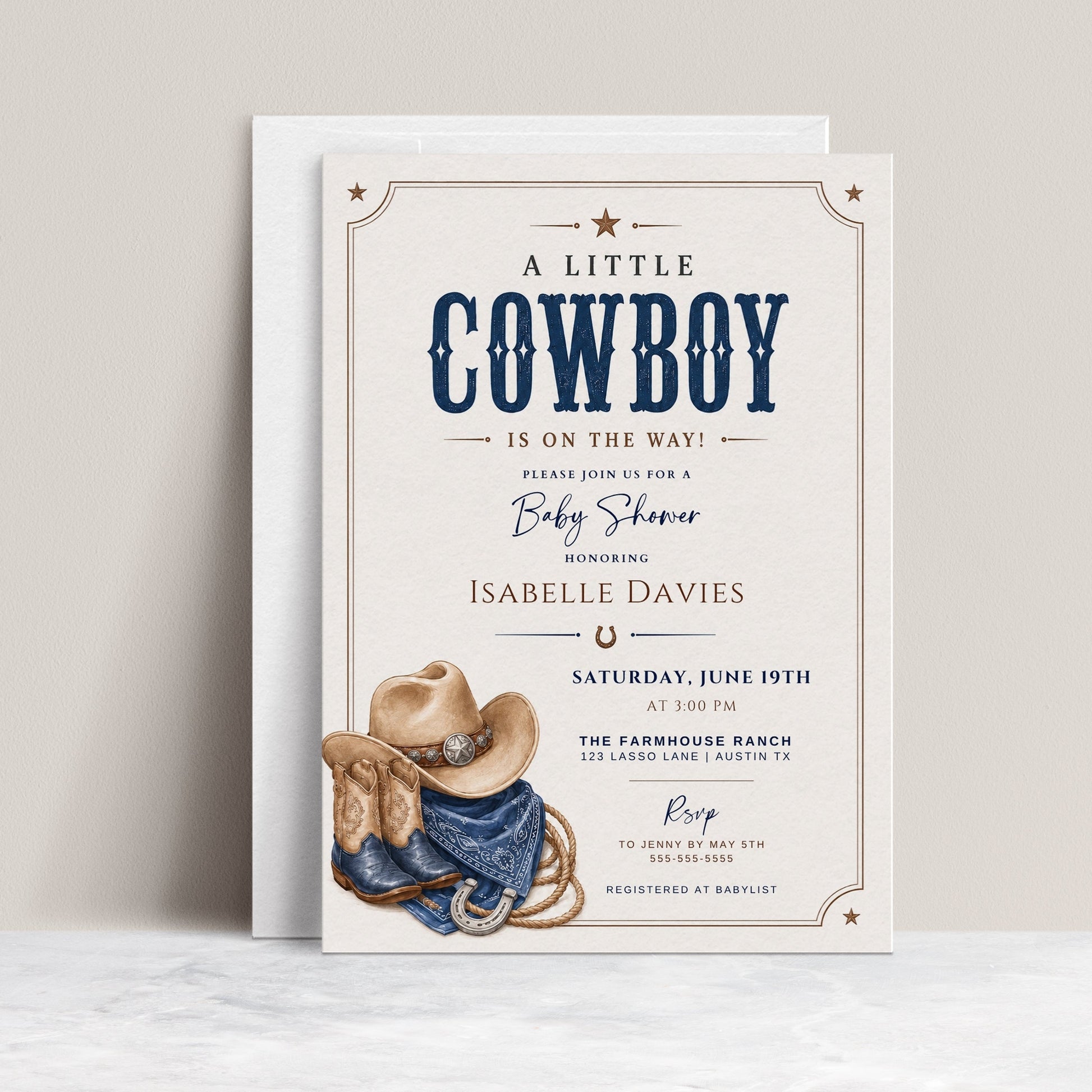 Editable Western cowboy baby shower invitation Canva template with illustrated cowboy hat, denim boots, horseshoe, bandana, lasso rope, and bold navy distressed typography on a warm cream background with Western border
