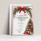 Christmas party invitation with red bows, evergreen garland, holly berries, gold bells, and a decorated Christmas tree