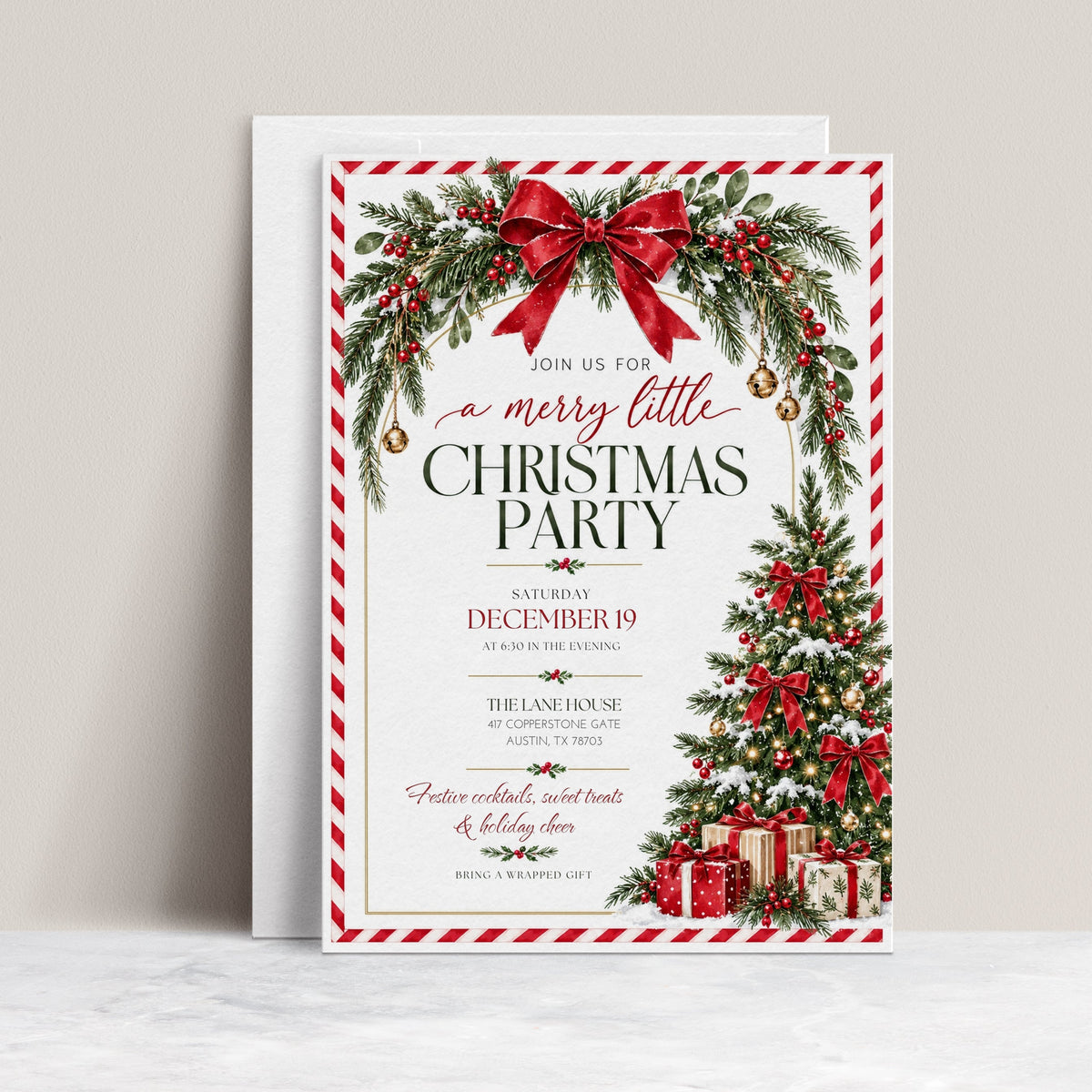 Christmas party invitation with red bows, evergreen garland, holly berries, gold bells, and a decorated Christmas tree