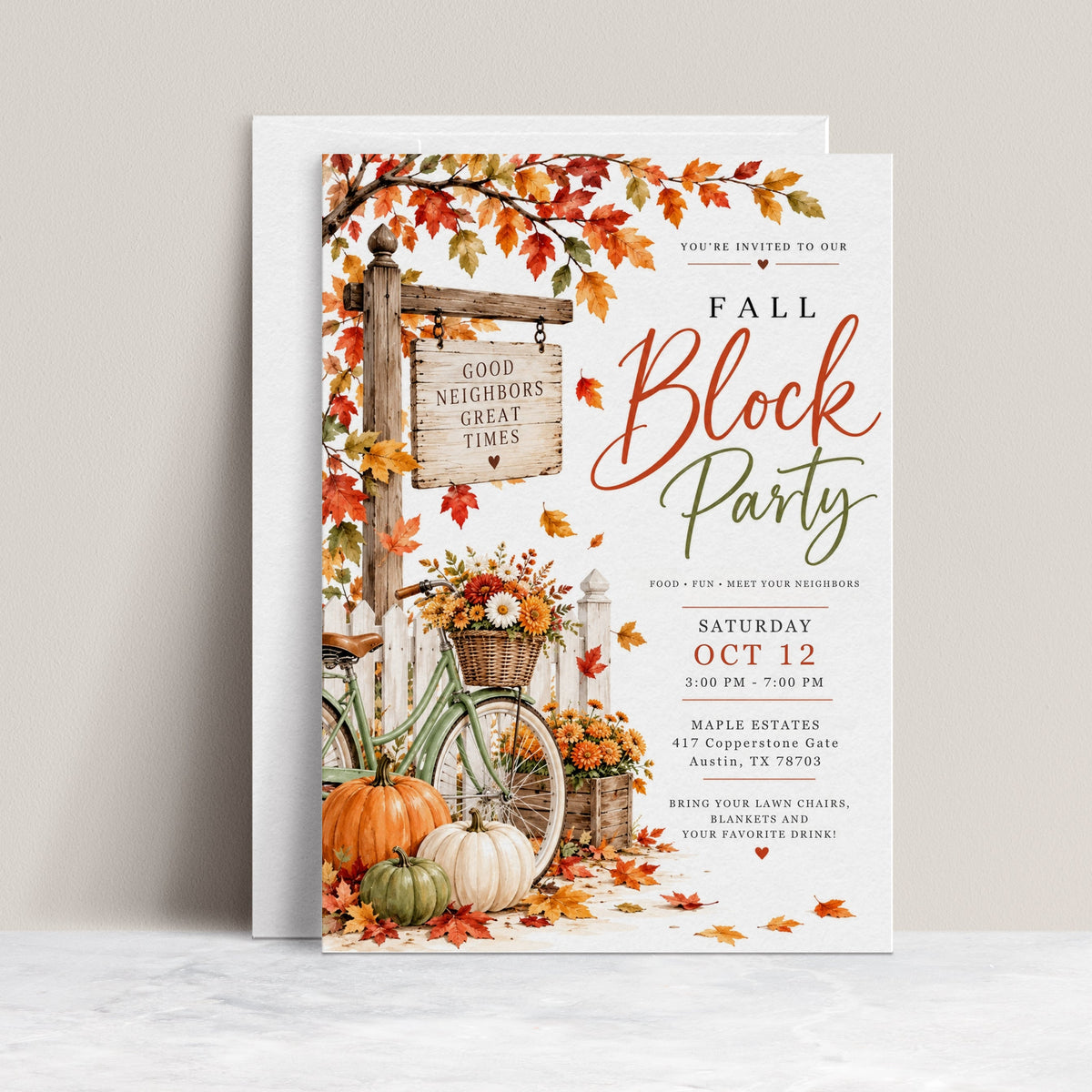 Fall block party invitation with orange autumn leaves, pumpkins, a green bicycle with a flower basket, white picket fence, and rustic Good Neighbors Great Times sign