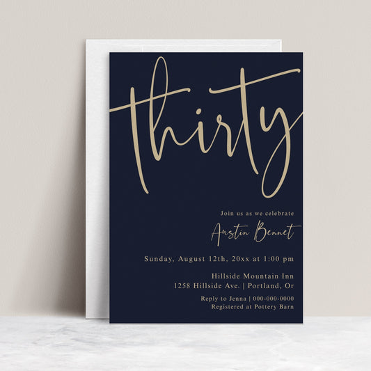 30th birthday invitation template with oversized gold calligraphy script on rich navy blue background, editable in Canva