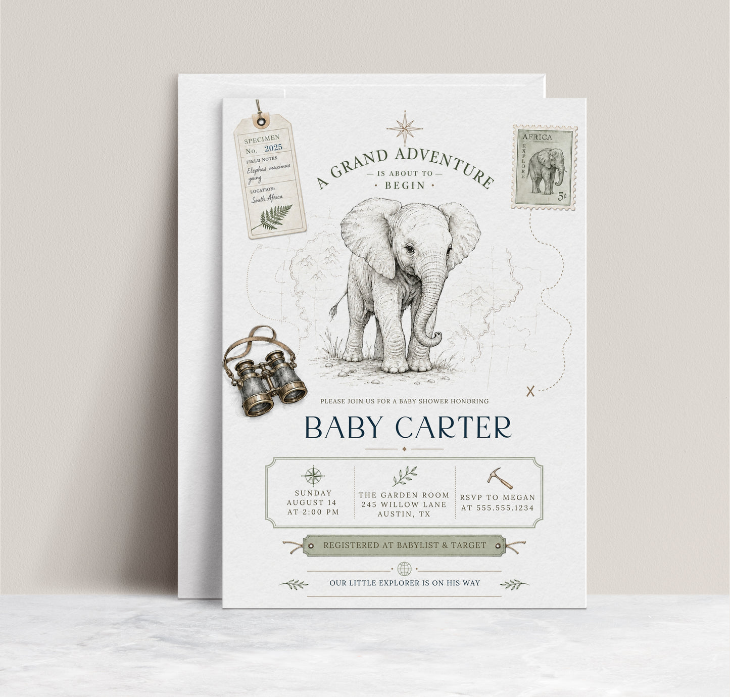 Grand adventure elephant baby shower invitation with baby elephant sketch, vintage binoculars, specimen tag, safari postage stamp, map details, and compass accents