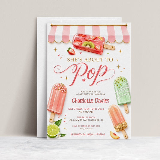 She's about to pop baby shower invitation with colorful popsicles and a pink awning in coral, peach, and green