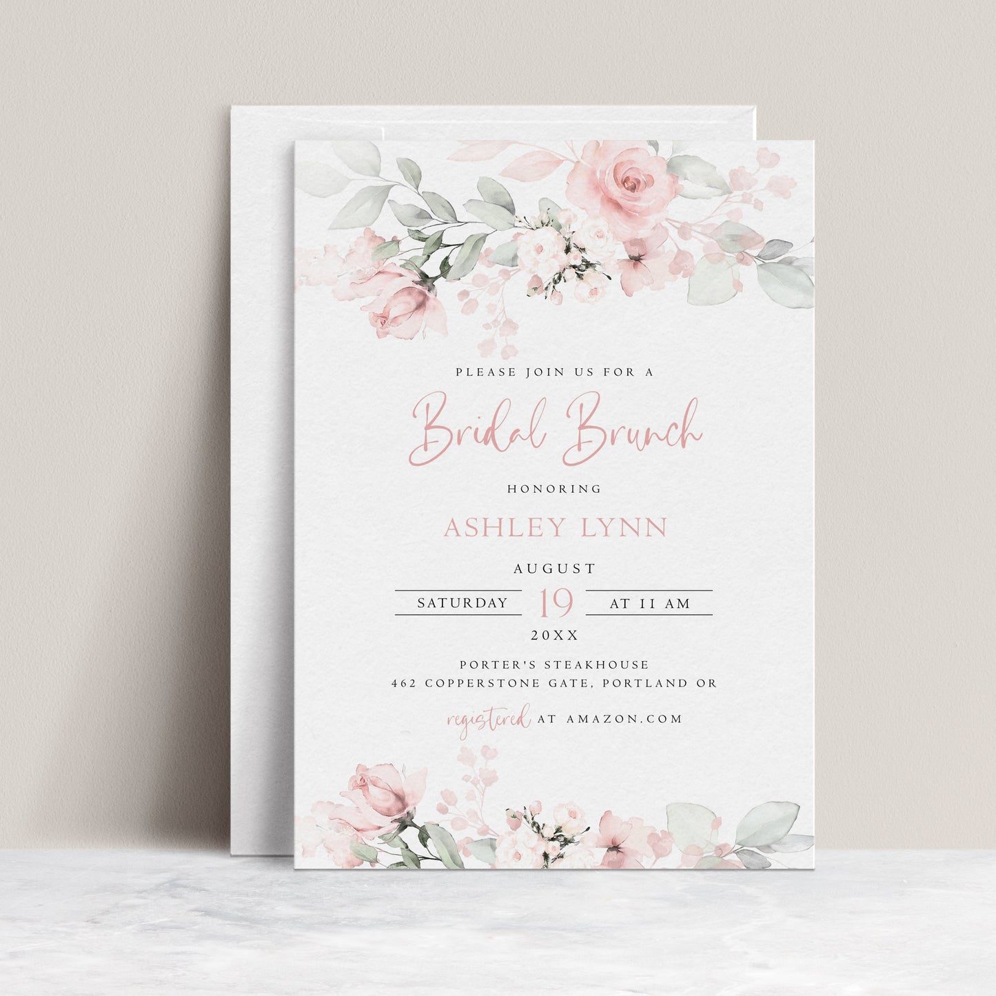 Bridal brunch invitation featuring blush watercolor florals and elegant script layout, editable and personalized with Corjl | www.foreveryourprints.com