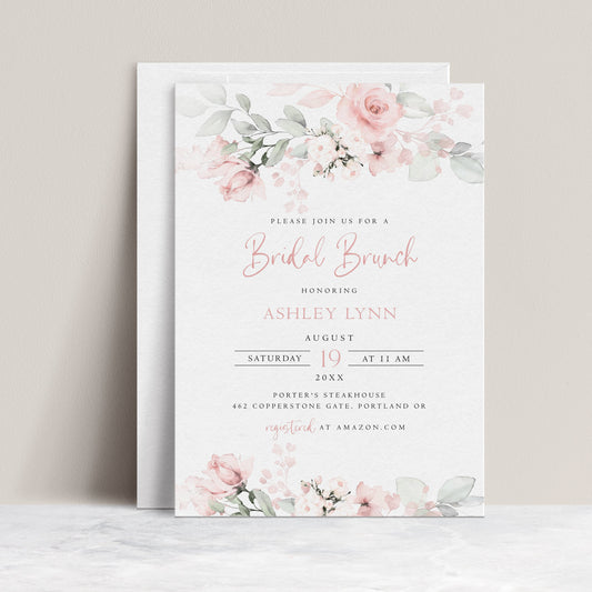 Bridal brunch invitation featuring blush watercolor florals and elegant script layout, editable and personalized with Corjl | www.foreveryourprints.com