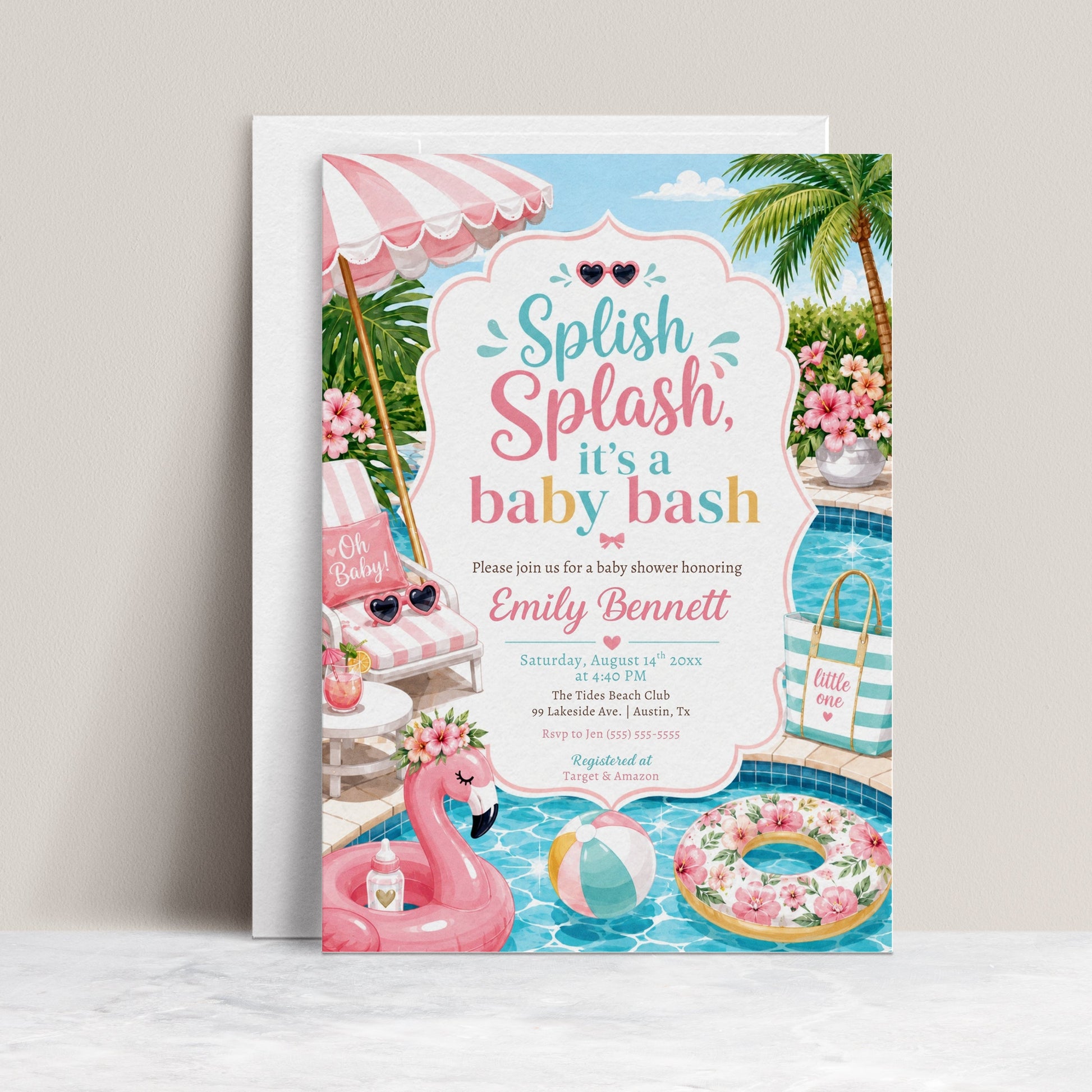 Pool party baby shower invitation with a flamingo float, beach ball, and pink umbrella in pink and aqua