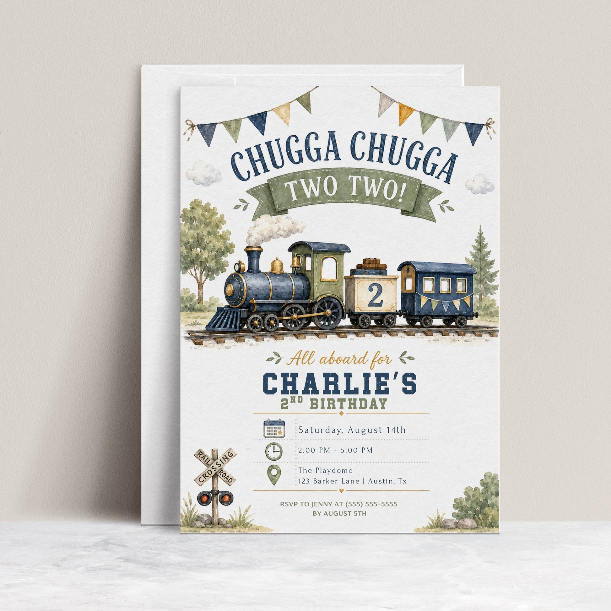 Chugga Chugga Two Two second birthday invitation featuring a navy and sage steam train, railroad crossing sign, trees and bunting.
