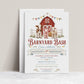 Barnyard bash farm birthday invitation with a red barn, calf, pig, and lamb in red, blue, and green
