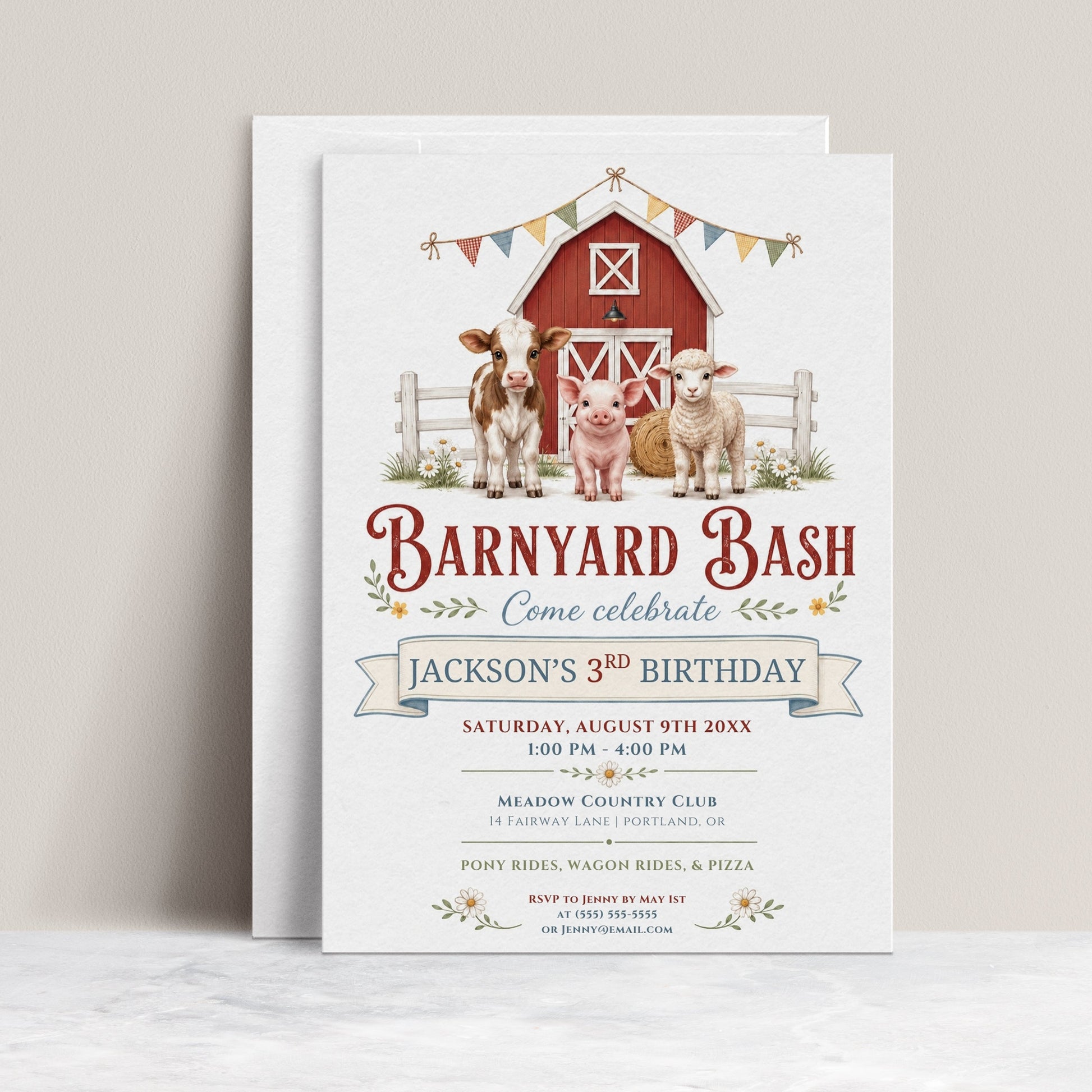 Barnyard bash farm birthday invitation with a red barn, calf, pig, and lamb in red, blue, and green