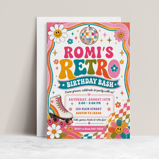 Retro birthday invitation with roller skate, disco ball, smiley flowers, checkerboard accents, colorful waves, stars, and bright pink teal orange party details