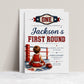 First Round first birthday invitation with championship belt, boxing ring ropes, red and blue stars, and little boxer artwork for a boxing birthday party