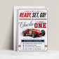 Race car first birthday invitation with red vintage race car, checkered flags, varsity ONE lettering, racing stripes, stars, and bold boys 1st birthday details