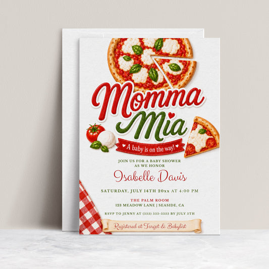 Editable momma mia pizza baby shower invitation Canva template with Italian pizzeria aesthetic, bold red and green script typography, pizza illustration, and red gingham accent on a white background