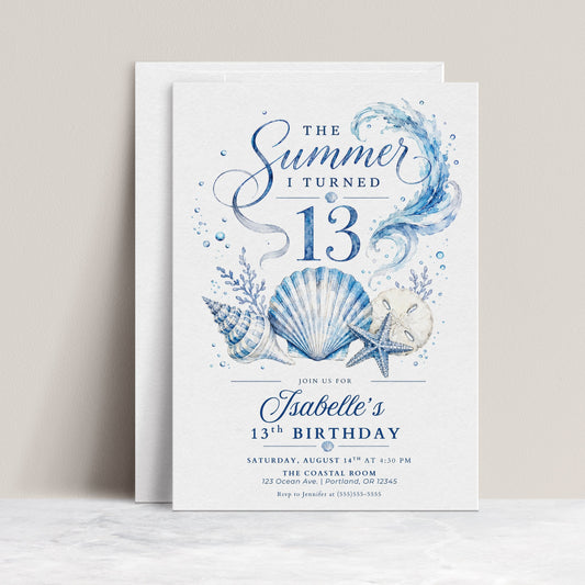 The summer I turned 13 birthday invitation with blue watercolor waves, seashells, starfish, sand dollar, coral, bubbles, and elegant beach details