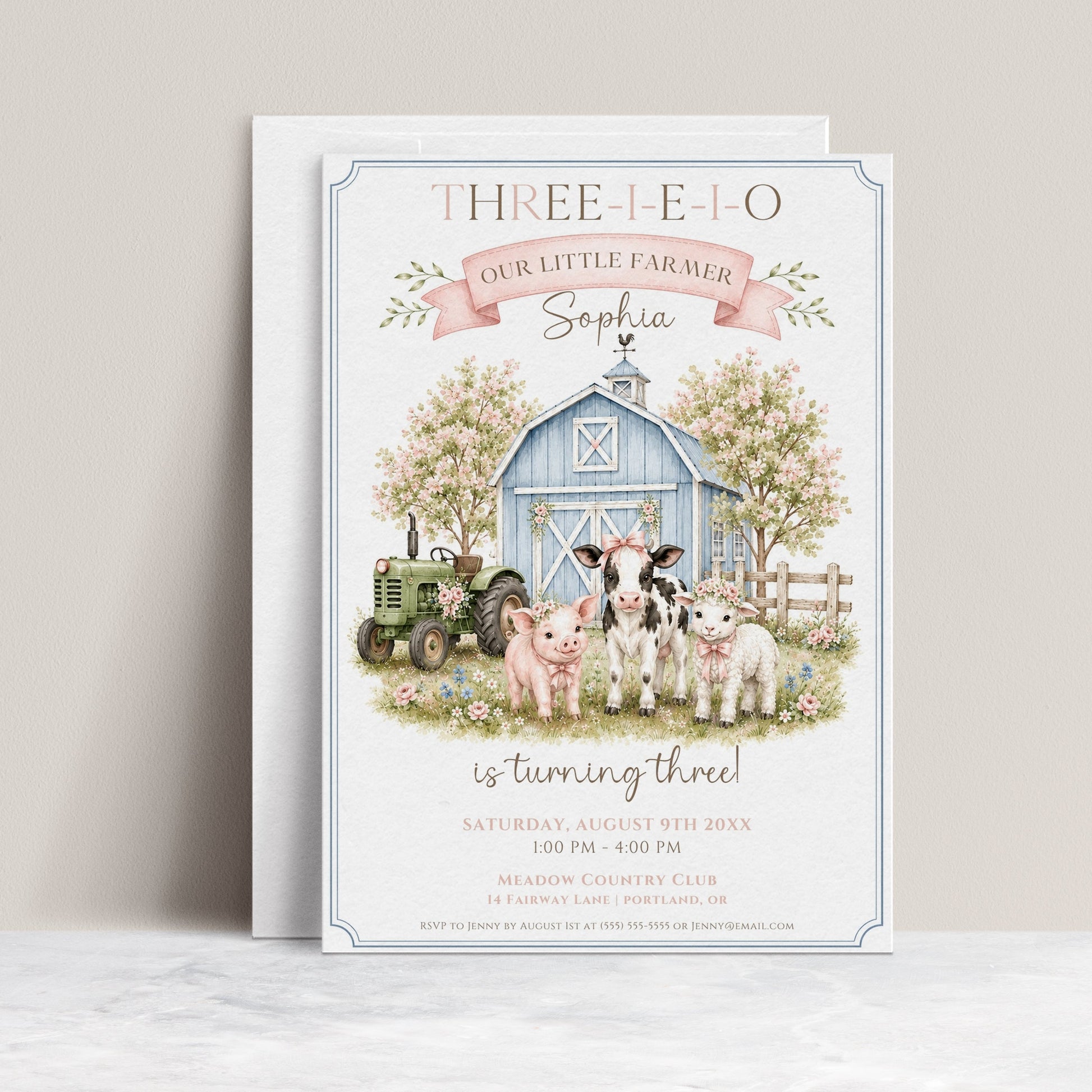 Our little farmer girl birthday invitation with a blue barn, green tractor, calf, piglet, and lamb in pink bows in soft pink and blue