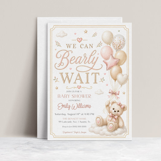 We can bearly wait girl baby shower invitation with a teddy bear and balloons in blush pink, cream, and gold