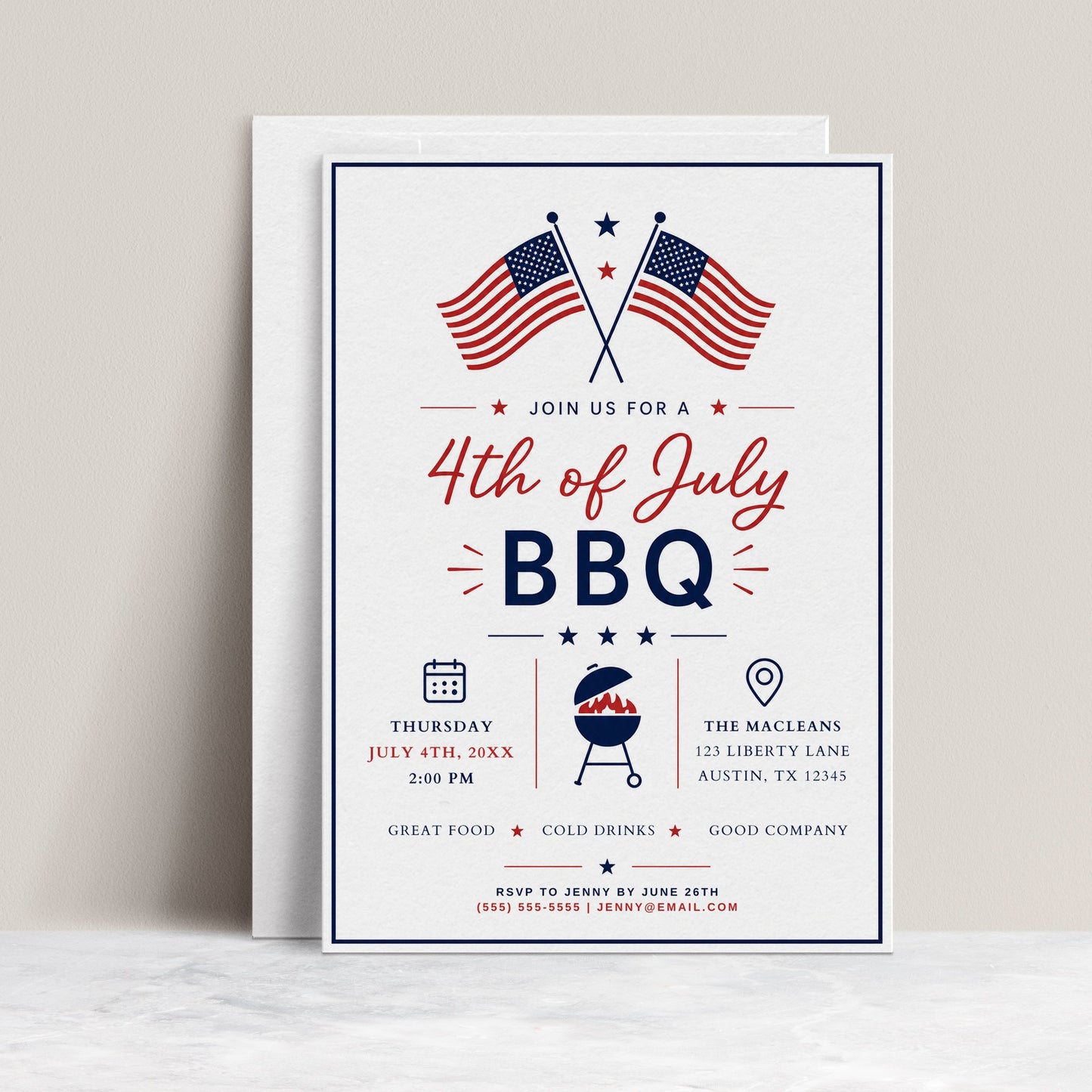 Editable Fourth of July party invitation Canva template with crossed American flags, BBQ grill icon, star accents, and red script and navy bold typography on a white background
