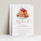 Raspberry pancake baby brunch invitation template with watercolor pancake illustration and crimson calligraphy script, editable in Canva