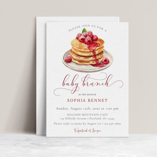 Raspberry pancake baby brunch invitation template with watercolor pancake illustration and crimson calligraphy script, editable in Canva