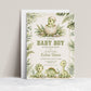Baby boy dinosaur baby shower invitation with watercolor baby dinosaurs, hatching egg, tropical leaves, ferns, greenery, rocks, and soft sage green details