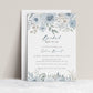 Dusty blue and cream floral bridal brunch invitation template with watercolor roses and botanicals in muted blue and sage, editable in Canva