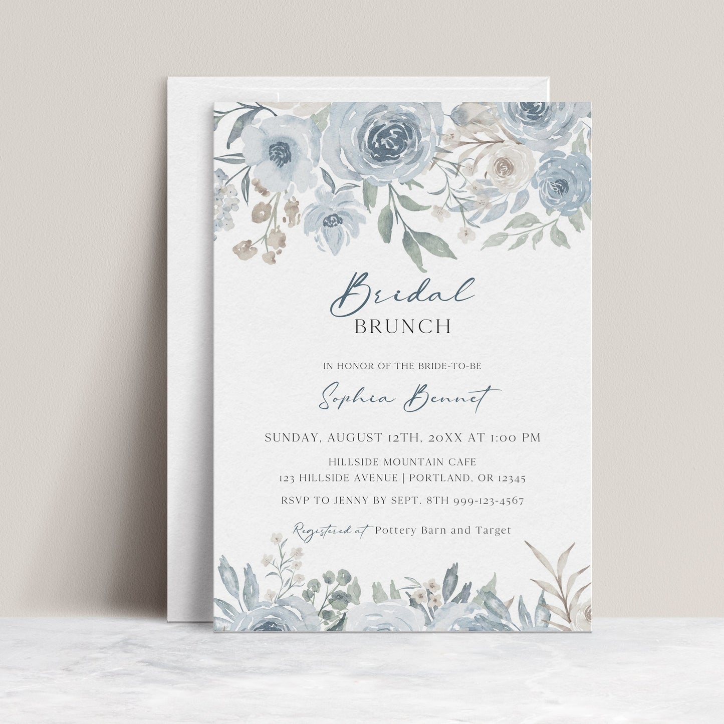 Dusty blue and cream floral bridal brunch invitation template with watercolor roses and botanicals in muted blue and sage, editable in Canva