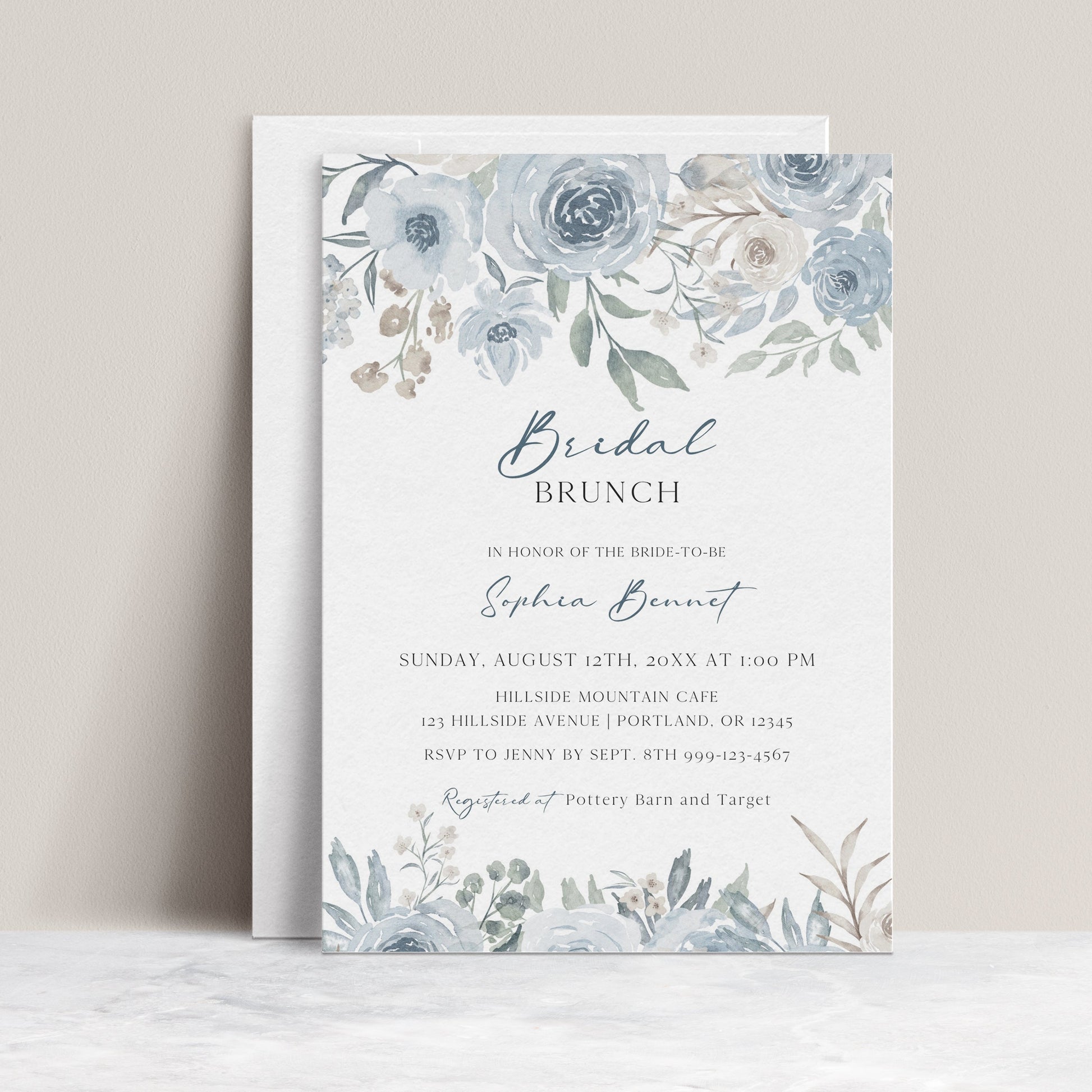 Dusty blue and cream floral bridal brunch invitation template with watercolor roses and botanicals in muted blue and sage, editable in Canva