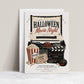 Halloween movie night invitation with vintage drive-in theater, classic cars, popcorn, horror film ticket, clapperboard, ghosts, and black jack-o-lantern