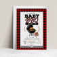 Buffalo plaid BBQ baby shower invitation with a grill and burger in red, black, and white