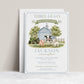 Our little farmer birthday invitation with a blue barn, green tractor, cow, pig, and lamb in soft blue and green
