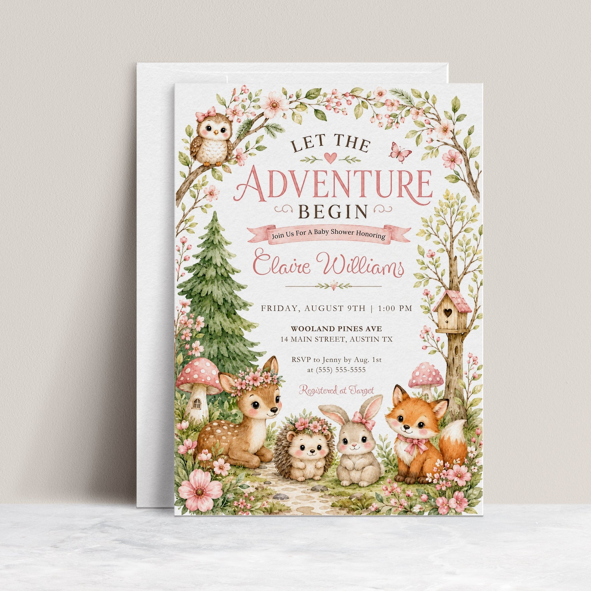 Woodland baby girl shower invitation with deer, fox, bunny, hedgehog, owl, pink flowers, leafy branches, mushrooms, birdhouse, and soft forest details