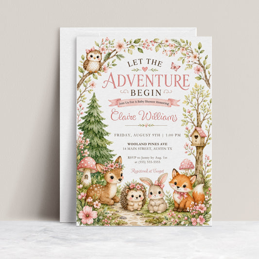 Woodland baby girl shower invitation with deer, fox, bunny, hedgehog, owl, pink flowers, leafy branches, mushrooms, birdhouse, and soft forest details