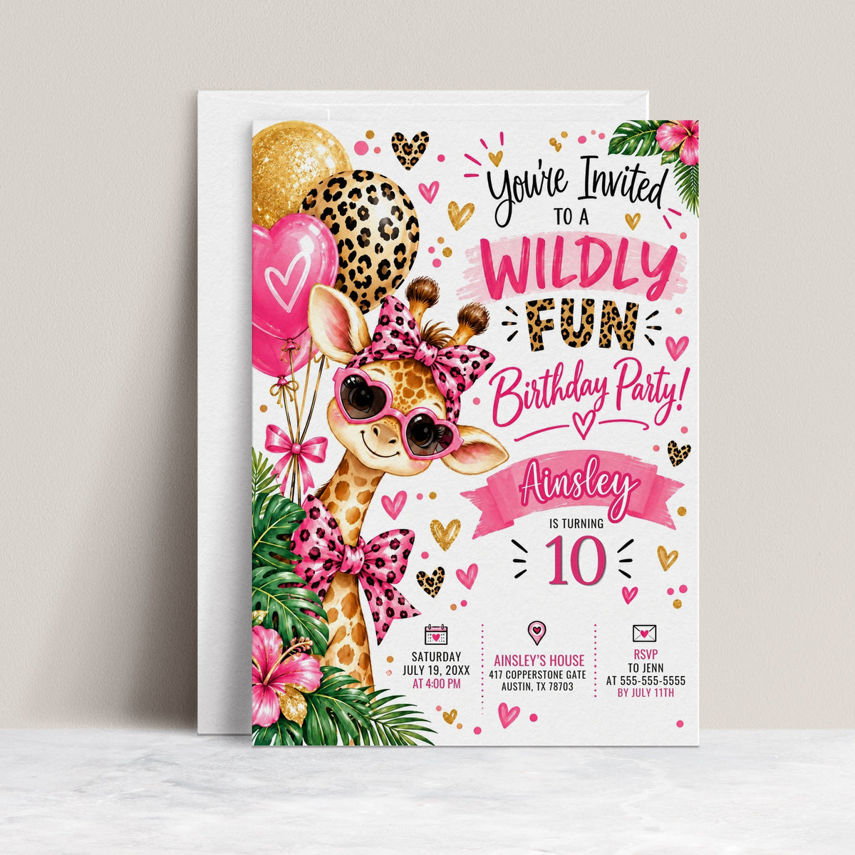 Girls safari birthday invitation with a giraffe wearing pink heart sunglasses, leopard print bows, tropical flowers, and pink and gold balloons