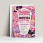 Pajama party movie night birthday invitation featuring pink pajamas, popcorn, slippers, sleep mask, movie ticket, clapperboard and cozy sleepover details.
