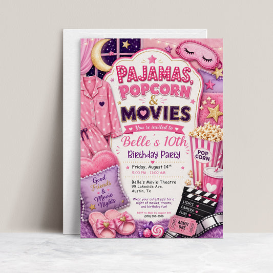 Pajama party movie night birthday invitation featuring pink pajamas, popcorn, slippers, sleep mask, movie ticket, clapperboard and cozy sleepover details.
